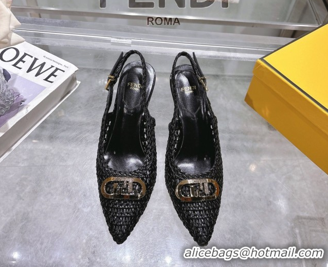 Good Quality Fendi Slingback Pumps 8cm in Woven Nappa Leather Black 0605073