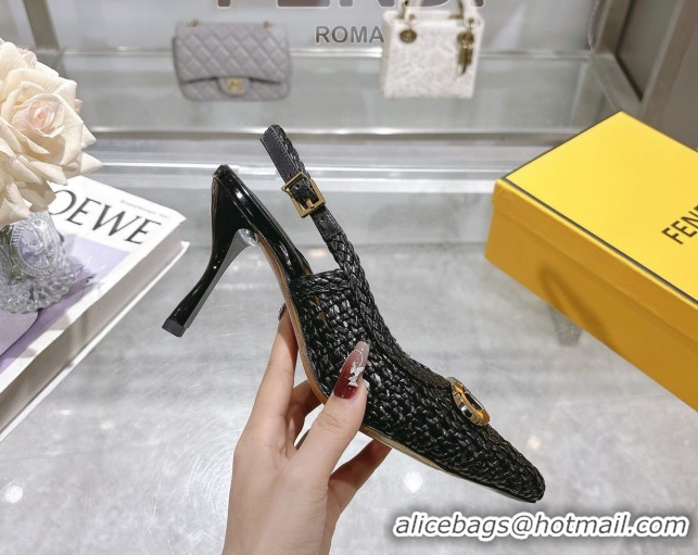 Good Quality Fendi Slingback Pumps 8cm in Woven Nappa Leather Black 0605073