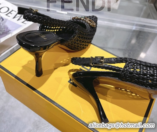 Good Quality Fendi Slingback Pumps 8cm in Woven Nappa Leather Black 0605073