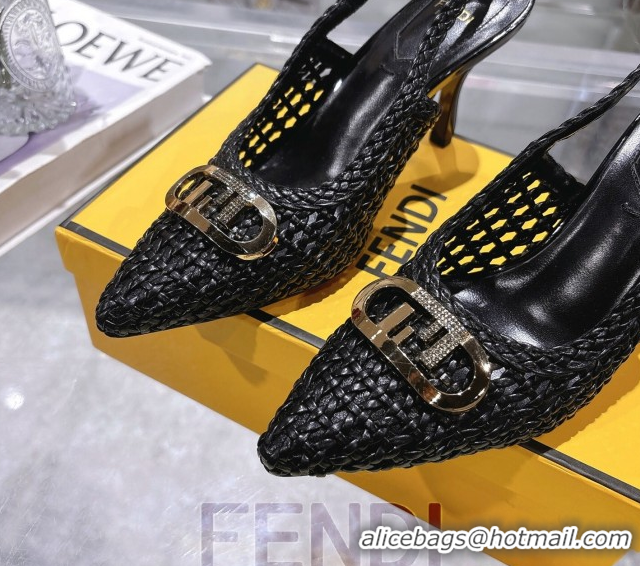 Good Quality Fendi Slingback Pumps 8cm in Woven Nappa Leather Black 0605073