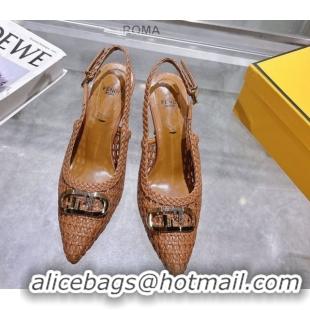 Best Grade Fendi Slingback Pumps 8cm in Woven Nappa Leather Brown 0605074