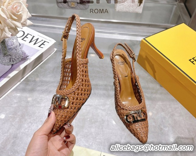 Best Grade Fendi Slingback Pumps 8cm in Woven Nappa Leather Brown 0605074