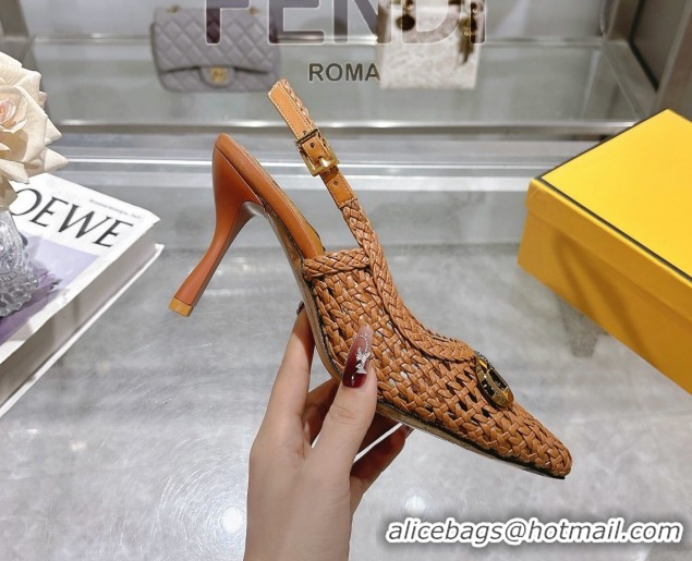 Best Grade Fendi Slingback Pumps 8cm in Woven Nappa Leather Brown 0605074