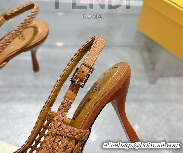 Best Grade Fendi Slingback Pumps 8cm in Woven Nappa Leather Brown 0605074
