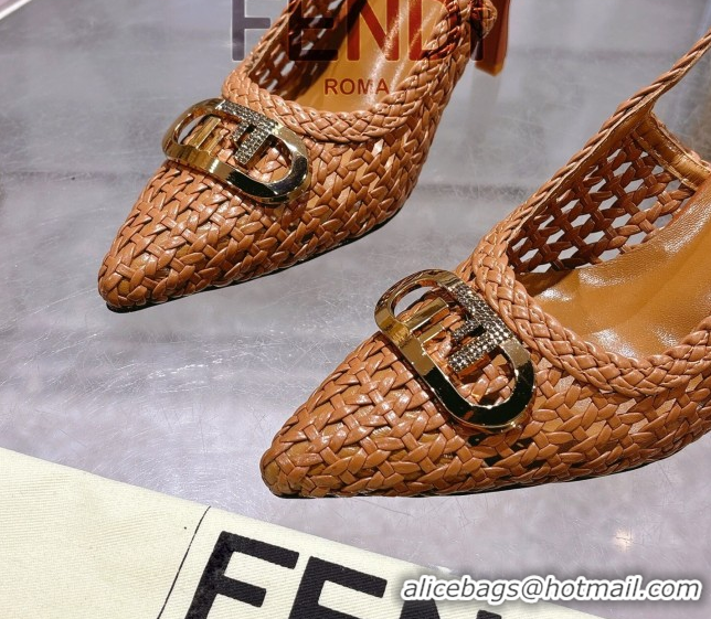Best Grade Fendi Slingback Pumps 8cm in Woven Nappa Leather Brown 0605074