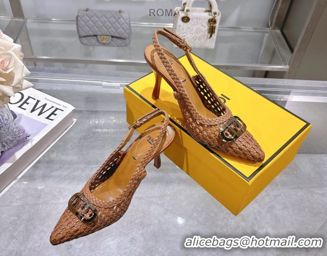 Best Grade Fendi Slingback Pumps 8cm in Woven Nappa Leather Brown 0605074
