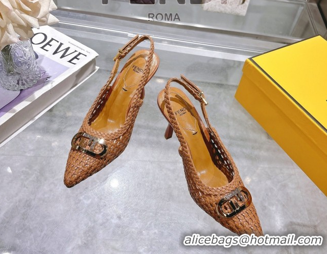 Best Grade Fendi Slingback Pumps 8cm in Woven Nappa Leather Brown 0605074