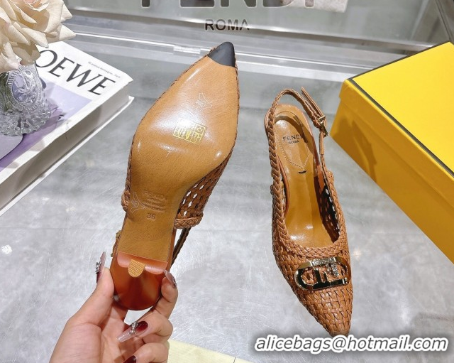 Best Grade Fendi Slingback Pumps 8cm in Woven Nappa Leather Brown 0605074