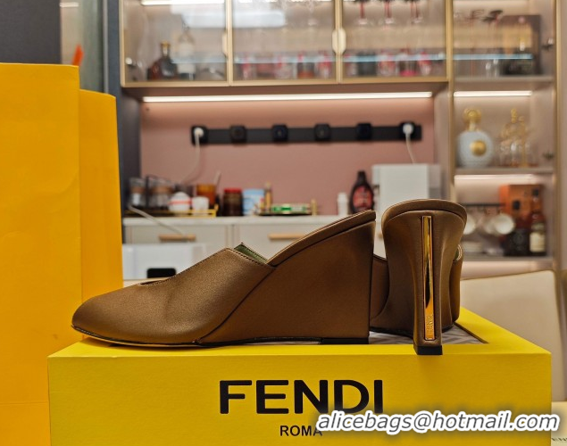 Stylish Fendi Arco Wedge Slides Sandal 8.5cm in Satin Khaki 0710053