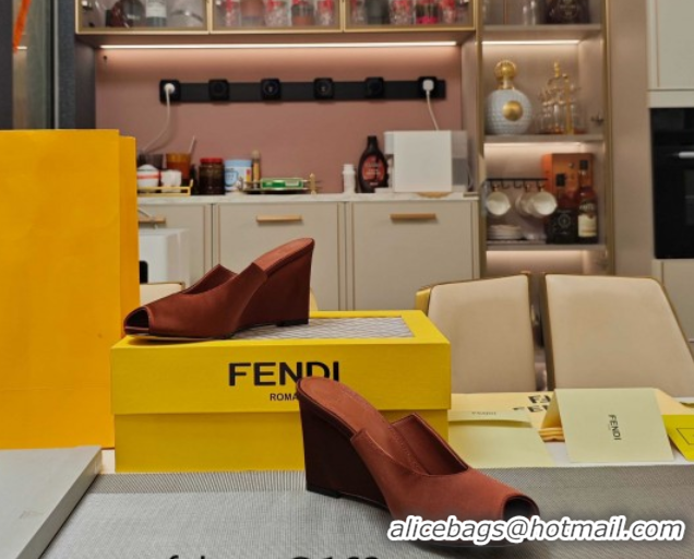 Pretty Style Fendi Arco Wedge Slides Sandal 8.5cm in Satin Gold-Tone Brown 0710054