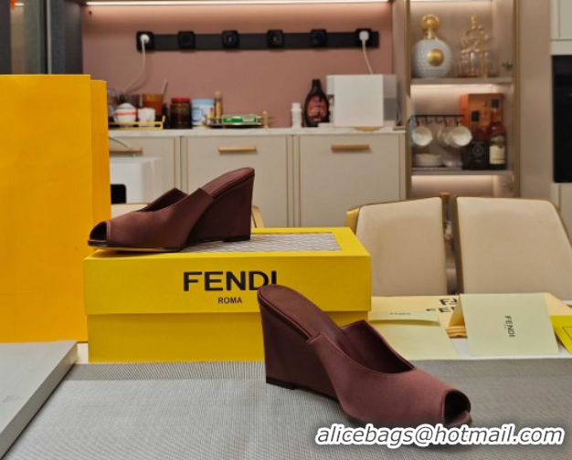 Popular Style Fendi Arco Wedge Slides Sandal 8.5cm in Satin Dark Brown 0710055