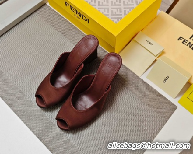 Popular Style Fendi Arco Wedge Slides Sandal 8.5cm in Satin Dark Brown 0710055