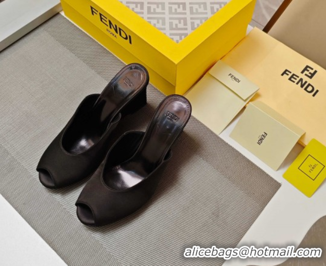 Most Popular Fendi Arco Wedge Slides Sandal 8.5cm in Satin Black 0710058