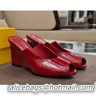 Best Price Fendi Arco Wedge Slides Sandal 8.5cm in Shiny Hagfish Embossed Leather Red 0710059