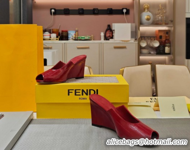 Best Price Fendi Arco Wedge Slides Sandal 8.5cm in Shiny Hagfish Embossed Leather Red 0710059