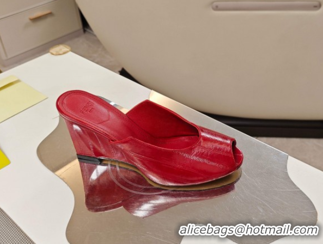 Best Price Fendi Arco Wedge Slides Sandal 8.5cm in Shiny Hagfish Embossed Leather Red 0710059