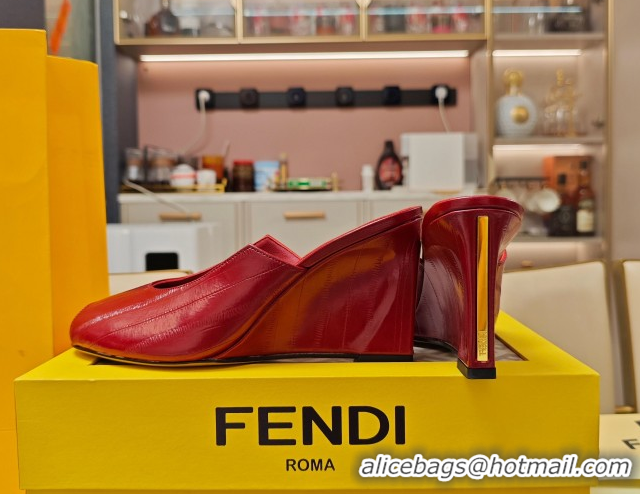 Best Price Fendi Arco Wedge Slides Sandal 8.5cm in Shiny Hagfish Embossed Leather Red 0710059