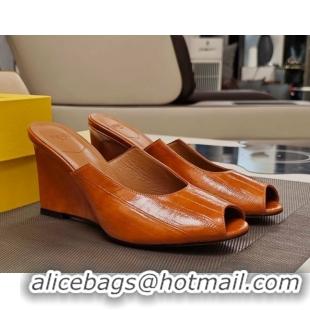 Durable Fendi Arco Wedge Slides Sandal 8.5cm in Shiny Hagfish Embossed Leather Orange 0710060