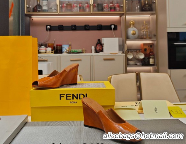Durable Fendi Arco Wedge Slides Sandal 8.5cm in Shiny Hagfish Embossed Leather Orange 0710060