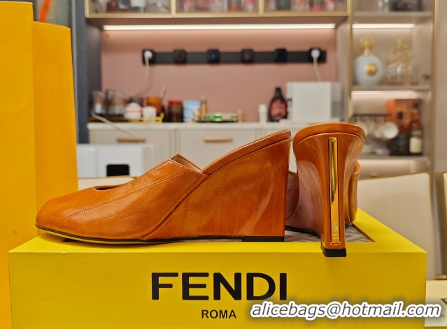 Durable Fendi Arco Wedge Slides Sandal 8.5cm in Shiny Hagfish Embossed Leather Orange 0710060