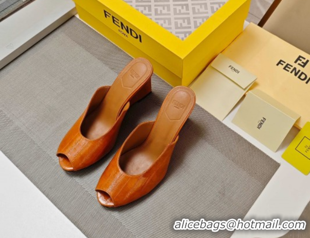 Durable Fendi Arco Wedge Slides Sandal 8.5cm in Shiny Hagfish Embossed Leather Orange 0710060