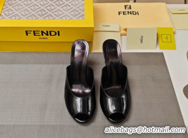 Best Product Fendi Arco Wedge Slides Sandal 8.5cm in Shiny Hagfish Embossed Leather Black 0710062