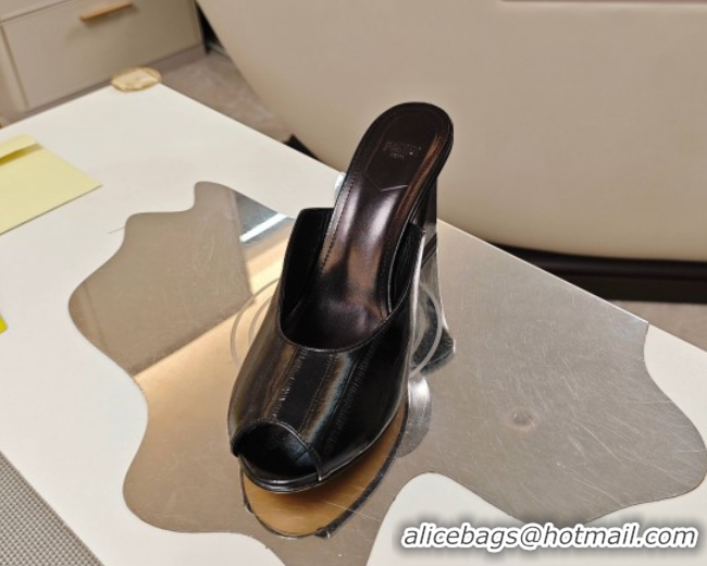 Best Product Fendi Arco Wedge Slides Sandal 8.5cm in Shiny Hagfish Embossed Leather Black 0710062