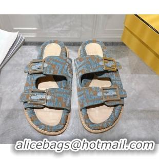 Top Design Fendi Feel Flat Slides Sandal in FF Fabric Light Blue/Brown 0710063