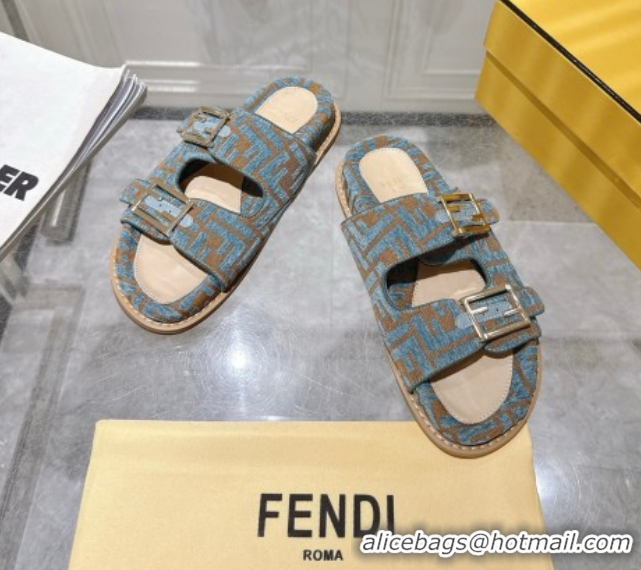 Top Design Fendi Feel Flat Slides Sandal in FF Fabric Light Blue/Brown 0710063