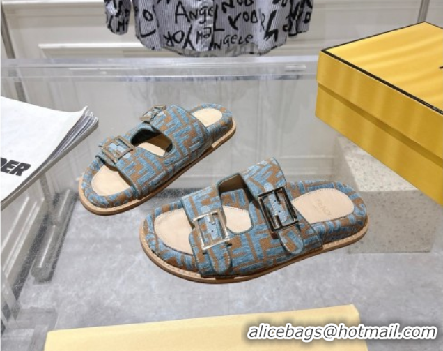 Top Design Fendi Feel Flat Slides Sandal in FF Fabric Light Blue/Brown 0710063