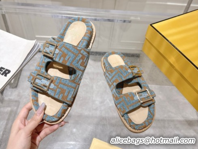 Top Design Fendi Feel Flat Slides Sandal in FF Fabric Light Blue/Brown 0710063
