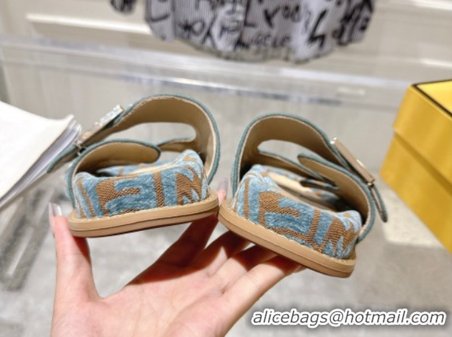 Top Design Fendi Feel Flat Slides Sandal in FF Fabric Light Blue/Brown 0710063