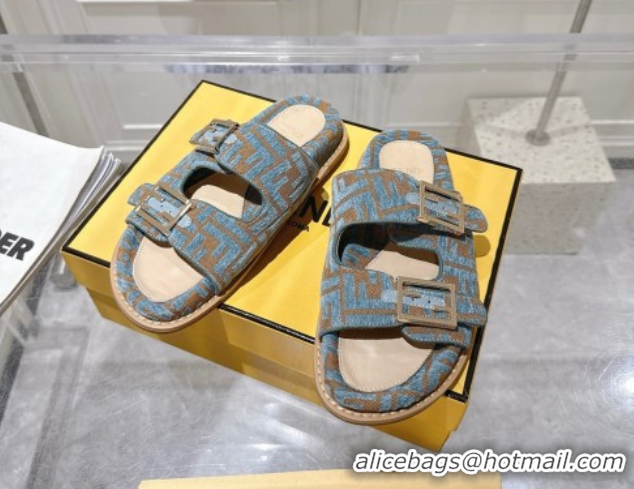 Top Design Fendi Feel Flat Slides Sandal in FF Fabric Light Blue/Brown 0710063