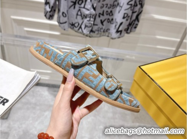 Top Design Fendi Feel Flat Slides Sandal in FF Fabric Light Blue/Brown 0710063