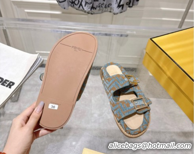 Top Design Fendi Feel Flat Slides Sandal in FF Fabric Light Blue/Brown 0710063