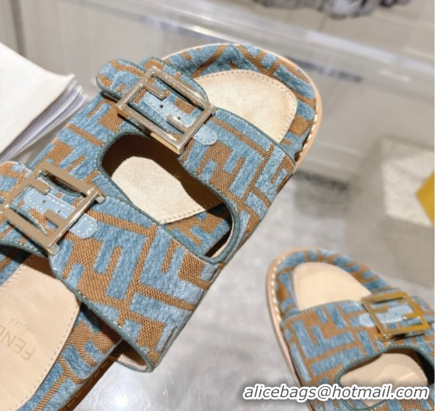 Top Design Fendi Feel Flat Slides Sandal in FF Fabric Light Blue/Brown 0710063