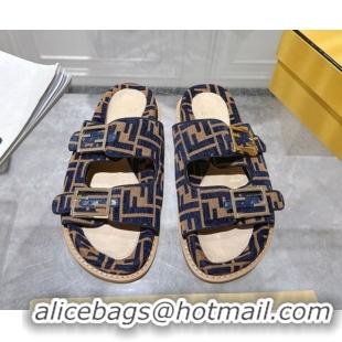 Cheap Price Fendi Feel Flat Slides Sandal in FF Fabric Navy Blue/Brown 0710064