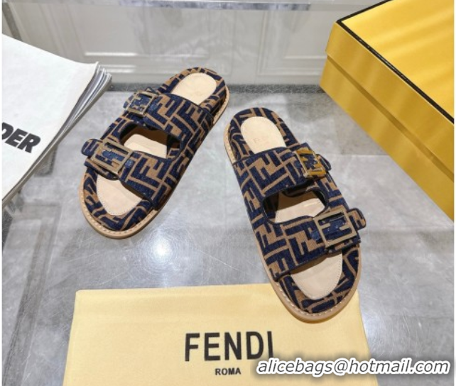 Cheap Price Fendi Feel Flat Slides Sandal in FF Fabric Navy Blue/Brown 0710064