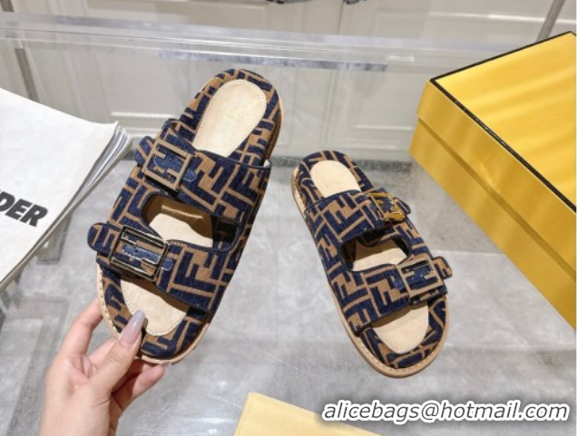 Cheap Price Fendi Feel Flat Slides Sandal in FF Fabric Navy Blue/Brown 0710064
