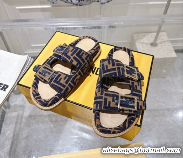 Cheap Price Fendi Feel Flat Slides Sandal in FF Fabric Navy Blue/Brown 0710064