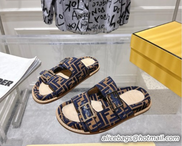 Cheap Price Fendi Feel Flat Slides Sandal in FF Fabric Navy Blue/Brown 0710064