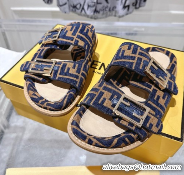 Cheap Price Fendi Feel Flat Slides Sandal in FF Fabric Navy Blue/Brown 0710064
