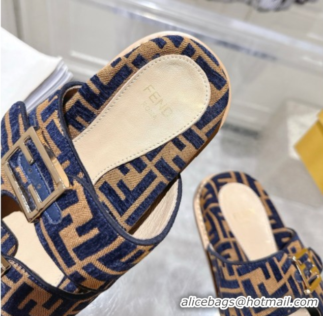 Cheap Price Fendi Feel Flat Slides Sandal in FF Fabric Navy Blue/Brown 0710064