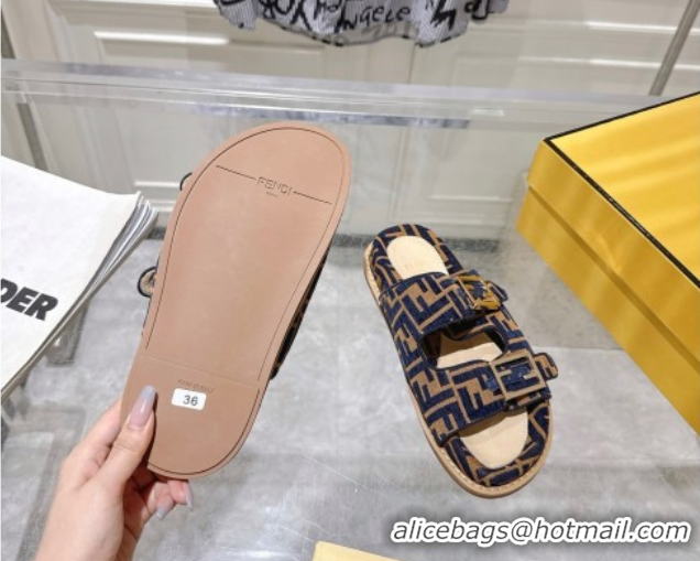 Cheap Price Fendi Feel Flat Slides Sandal in FF Fabric Navy Blue/Brown 0710064