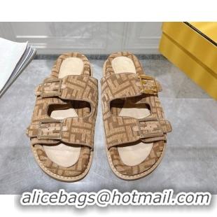Purchase Fendi Feel Flat Slides Sandal in FF Fabric Beige/Brown 0710066