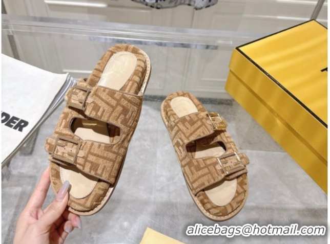 Purchase Fendi Feel Flat Slides Sandal in FF Fabric Beige/Brown 0710066