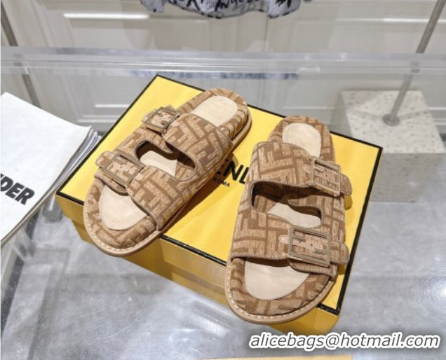 Purchase Fendi Feel Flat Slides Sandal in FF Fabric Beige/Brown 0710066