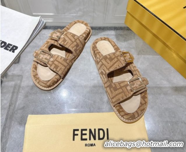 Purchase Fendi Feel Flat Slides Sandal in FF Fabric Beige/Brown 0710066