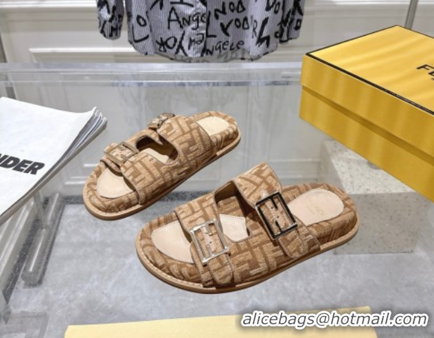 Purchase Fendi Feel Flat Slides Sandal in FF Fabric Beige/Brown 0710066