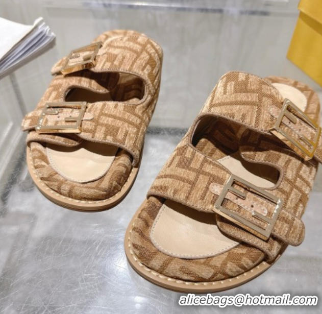 Purchase Fendi Feel Flat Slides Sandal in FF Fabric Beige/Brown 0710066